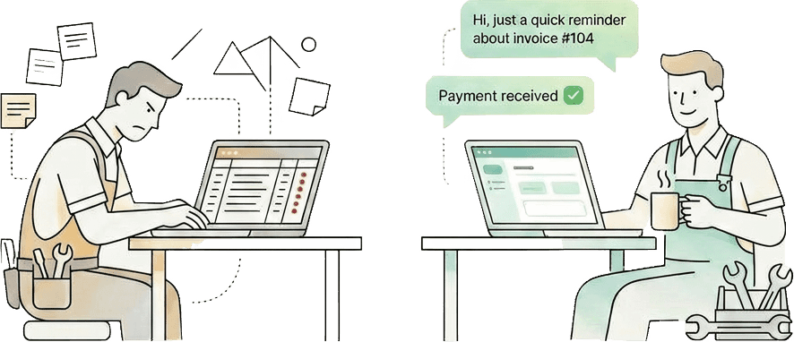 Two scenes side by side. Left: a person at a cluttered desk, looking stressed by overdue invoice notifications. Right: the same person at a calm desk, with Plate5 sending the chase messages on their behalf and a payment-received notification arriving.
