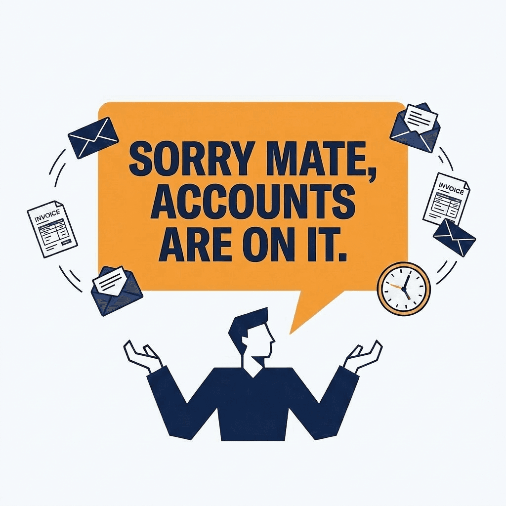 A person with their arms raised in relief, with a large speech bubble saying 'Sorry mate, accounts are on it' surrounded by floating reminder envelopes.