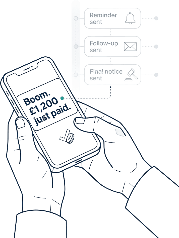 A person sits calmly with their phone while invoice reminders and a payment-received notification float around them — Plate5 chasing in the background.